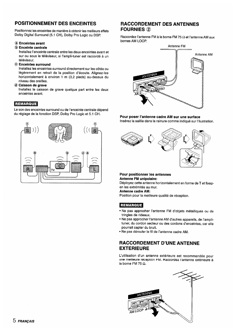 Positionnement des enceintes, Enceintes avant ® enceinte centrale, Raccordement des antennes fournies (2) | Pour poser l’antenne cadre am sur une surface, Raccordement d’une antenne exterieure | Aiwa AV-D55 User Manual | Page 46 / 64