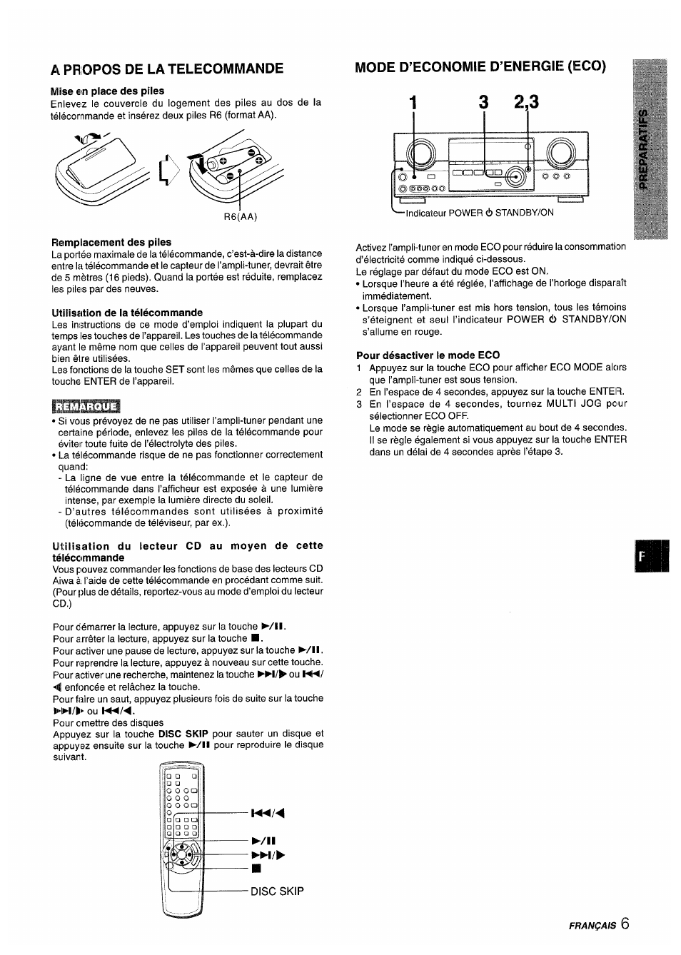 A propos de la telecommande, Mise en place des piles, Mode d’economie d’energie (eco) | Remplacement des piles, Utilisation de la télécommande, Pour désactiver le mode eco, Propos de la telecommande | Aiwa AV-D55 User Manual | Page 47 / 64