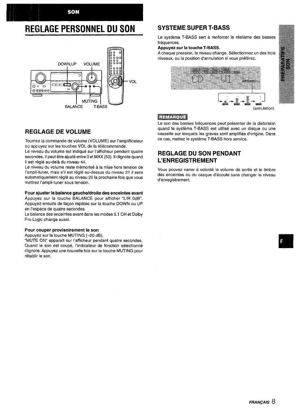 Reglage de volume, Pour couper provisoirement le son, Reglage du son pendant l’enregistrement | Reglage de l’horloge, Reglage personnel du son, Systeme super t-bass | Aiwa AV-D55 User Manual | Page 49 / 64