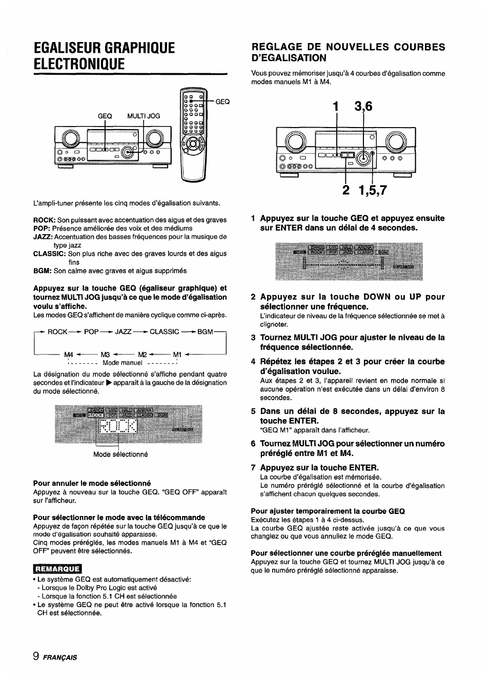 Egaliseur graphique electronique, Pour annuler le mode sélectionné, Pour sélectionner le mode avec la télécommande | Reglage de nouvelles courbes d’egalisation, Pour ajuster temporairement la courbe geq, 0 cd, Aac bc, Ms>o | Aiwa AV-D55 User Manual | Page 50 / 64