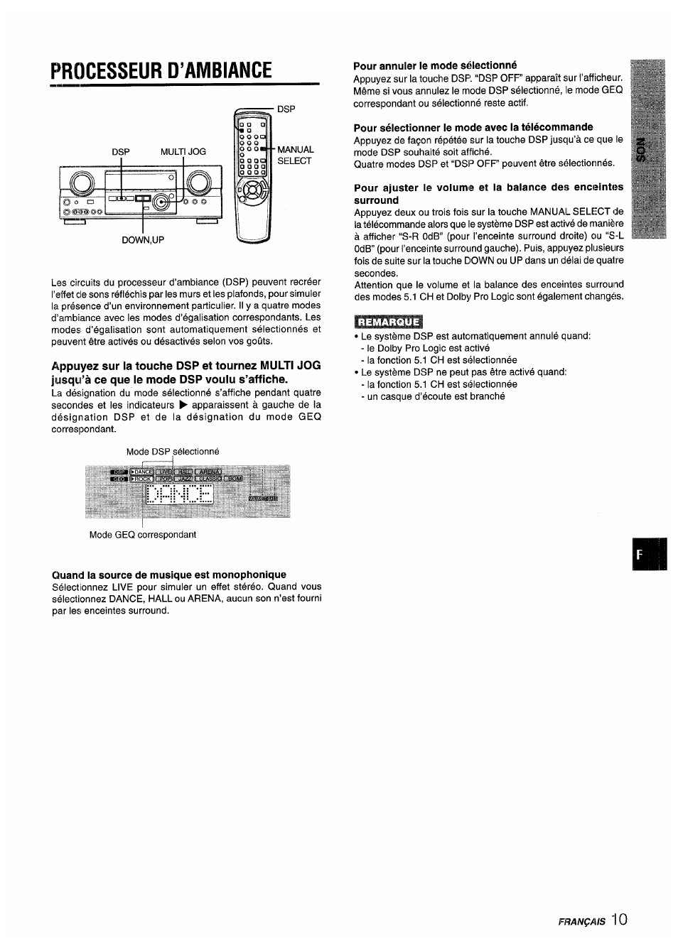 Processeur d’ambiance, Pour annuler le mode sélectionné, Pour sélectionner le mode avec la télécommande | Quand la source de musique est monophonique | Aiwa AV-D55 User Manual | Page 51 / 64