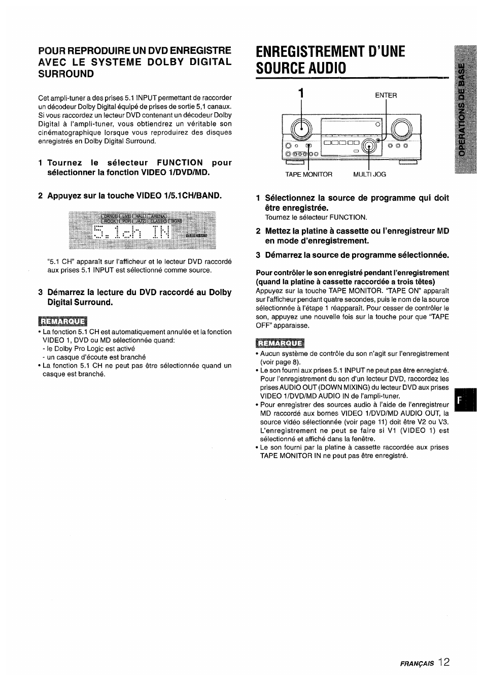 Enregistrement d’une source audio, 2 appuyez sur la touche video 1/5.1 ch/band, 3 démarrez la source de programme sélectionnée | Aiwa AV-D55 User Manual | Page 53 / 64