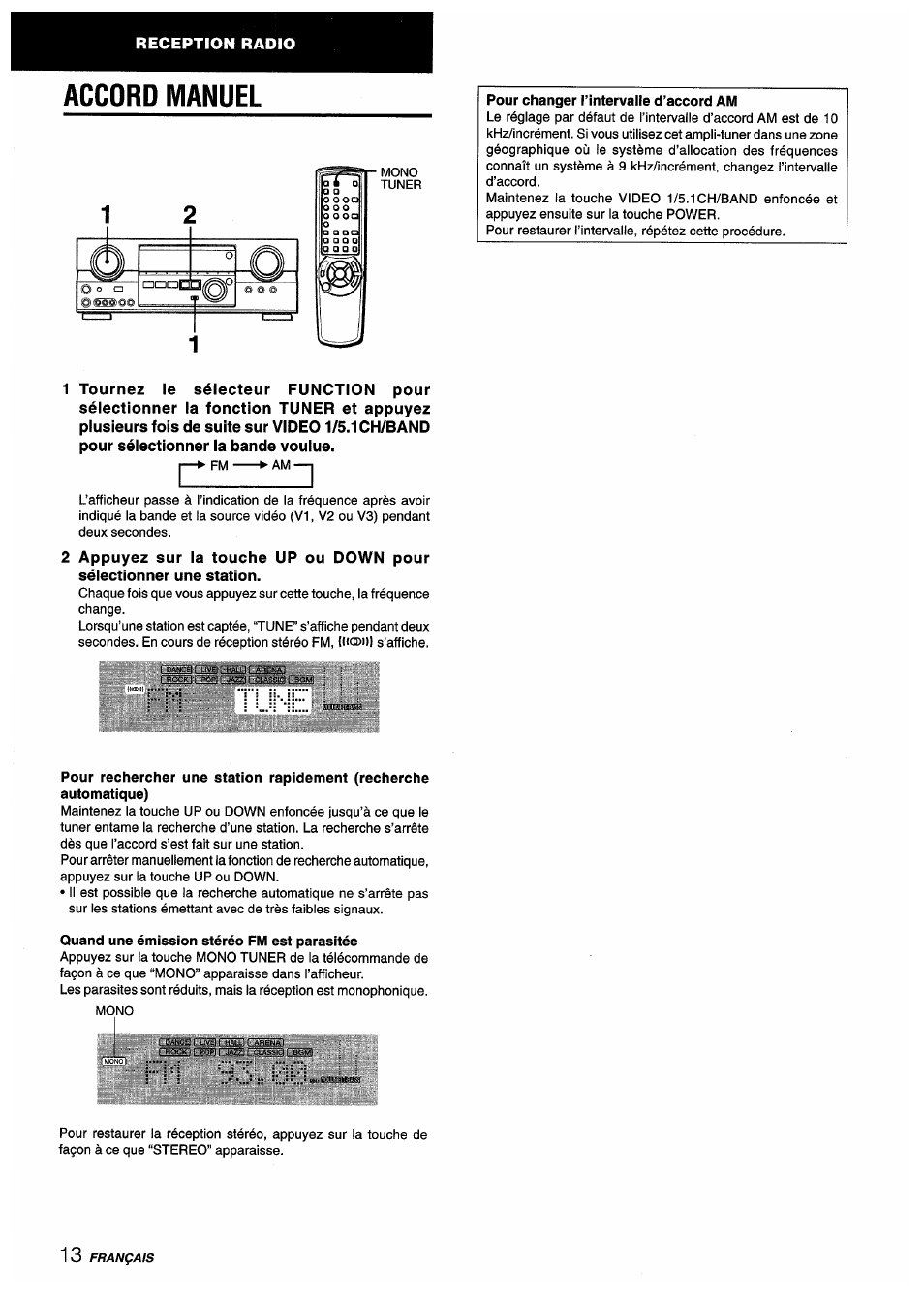 Accord manuel, Pour changer l’intervalle d’accord am, Quand une émission stéréo fm est parasitée | Reception radio | Aiwa AV-D55 User Manual | Page 54 / 64
