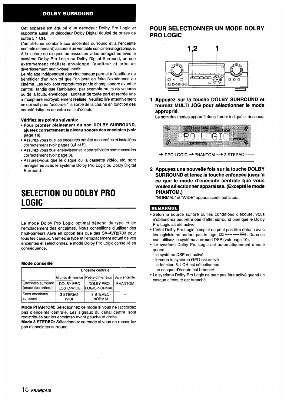 Vérifiez ies points suivants, Selection du dolby pro logic, Pour selectionner un mode dolby pro logic | Remarque, Selection du dolejy pro logic, Dolby surround | Aiwa AV-D55 User Manual | Page 56 / 64