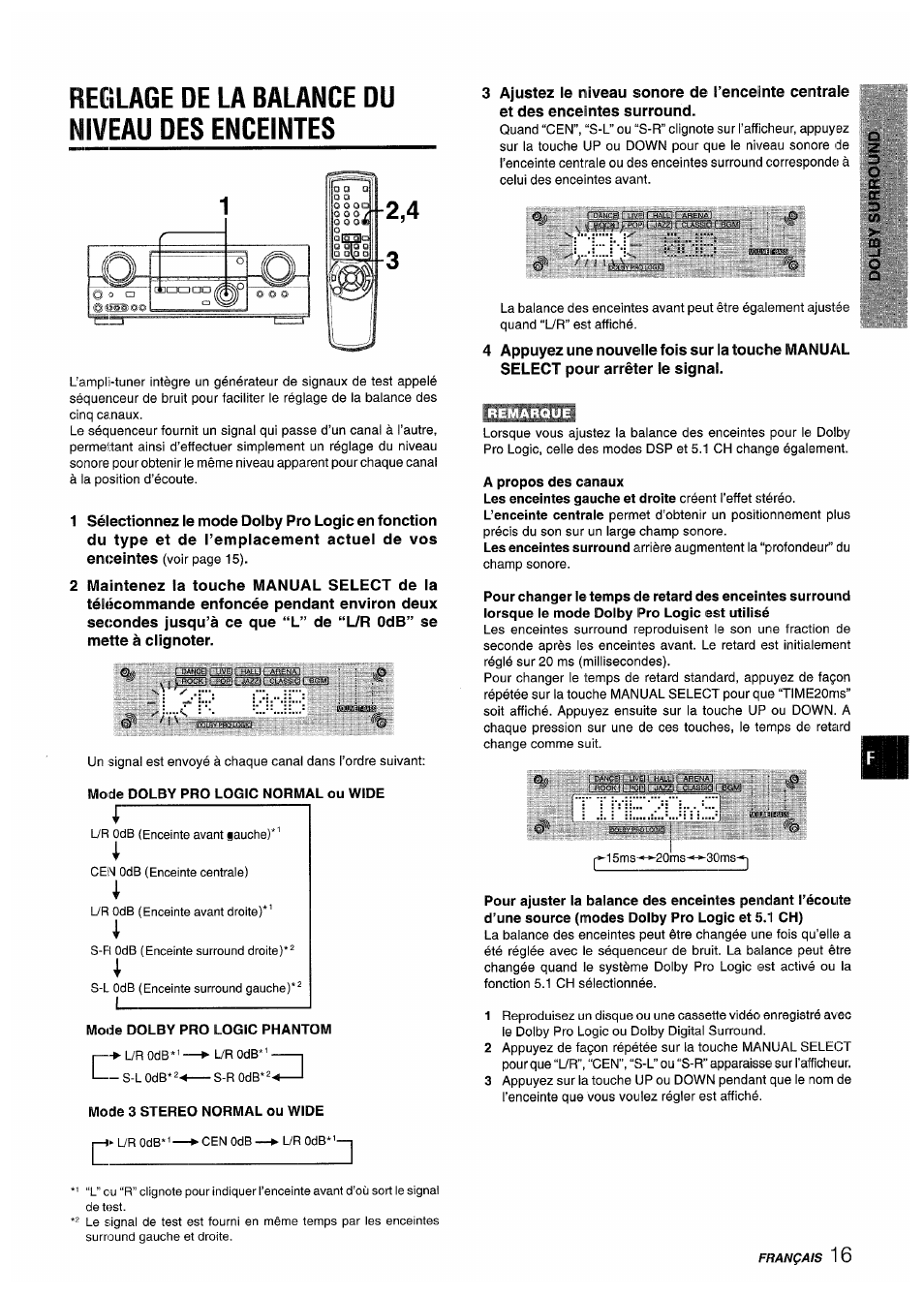 Reglage de la balance du niveau des enceintes, Mode dolby pro logic phantom, Mode 3 stereo normal ou wide | A propos des canaux | Aiwa AV-D55 User Manual | Page 57 / 64