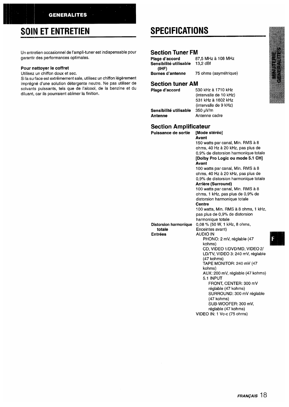 Specifications, Pour nettoyer le coffret, Section tuner fm | Section tuner am, Section amplificateur, Et entretien specifications | Aiwa AV-D55 User Manual | Page 59 / 64