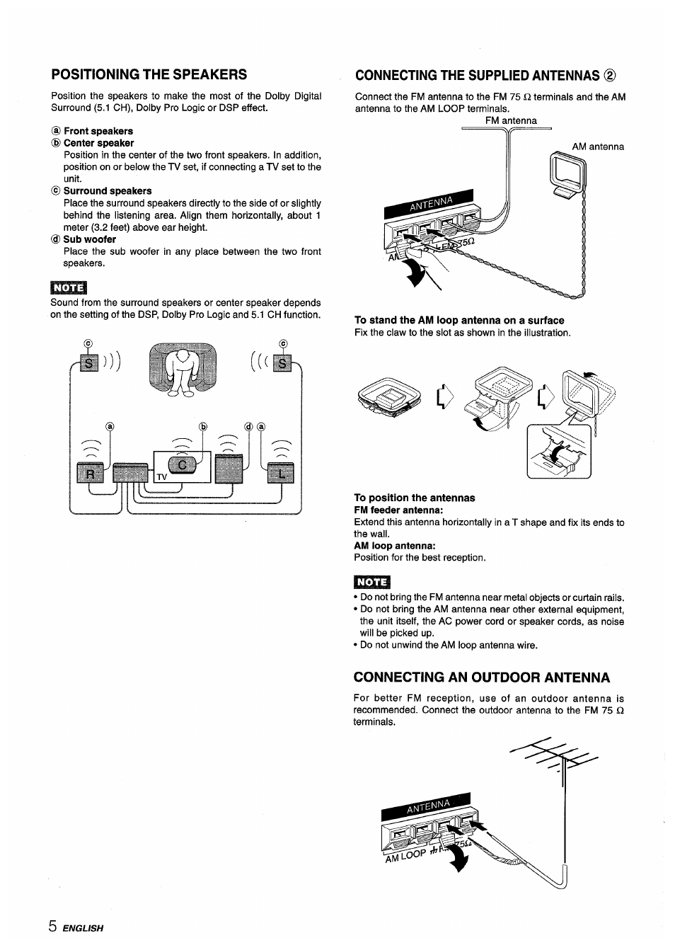 Connecting the supplied antennas (d, Front speakers ® center speaker, Note | To stand the am loop antenna on a surface, To position the antennas fm feeder antenna, Connecting an outdoor antenna | Aiwa AV-D55 User Manual | Page 6 / 64