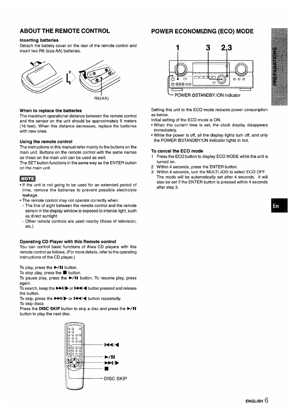 About the remote control, Inserting batteries, Power economizing (eco) mode | When to replace the batteries, Using the remote control, To cancel the eco mode, Operating cd player with this remote control | Aiwa AV-D55 User Manual | Page 7 / 64