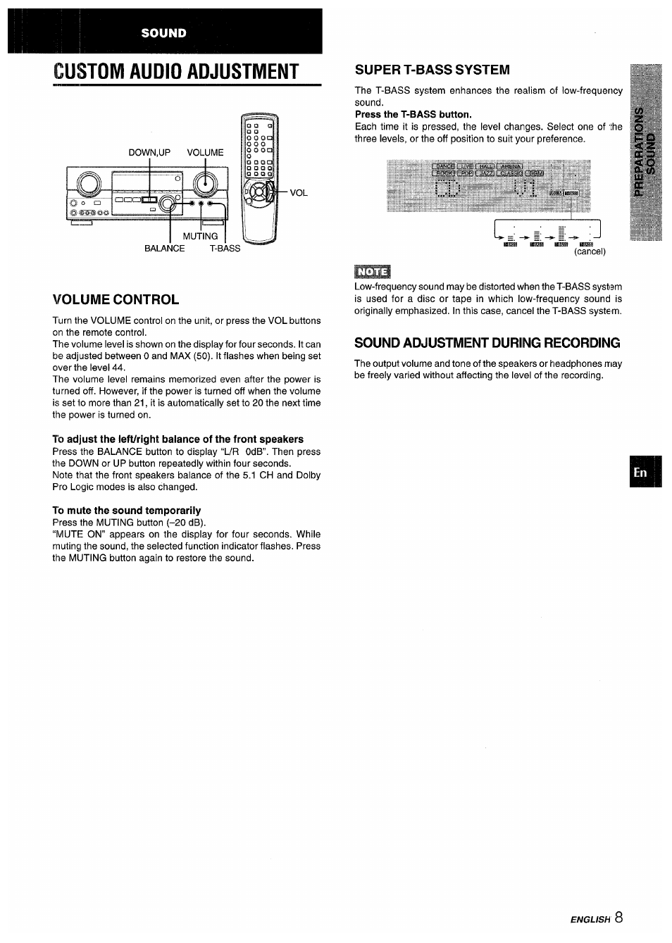 Volume control, To mute the sound temporarily, Sound adjustment during recording | Custom audio adjustment, Super t-bass system | Aiwa AV-D55 User Manual | Page 9 / 64