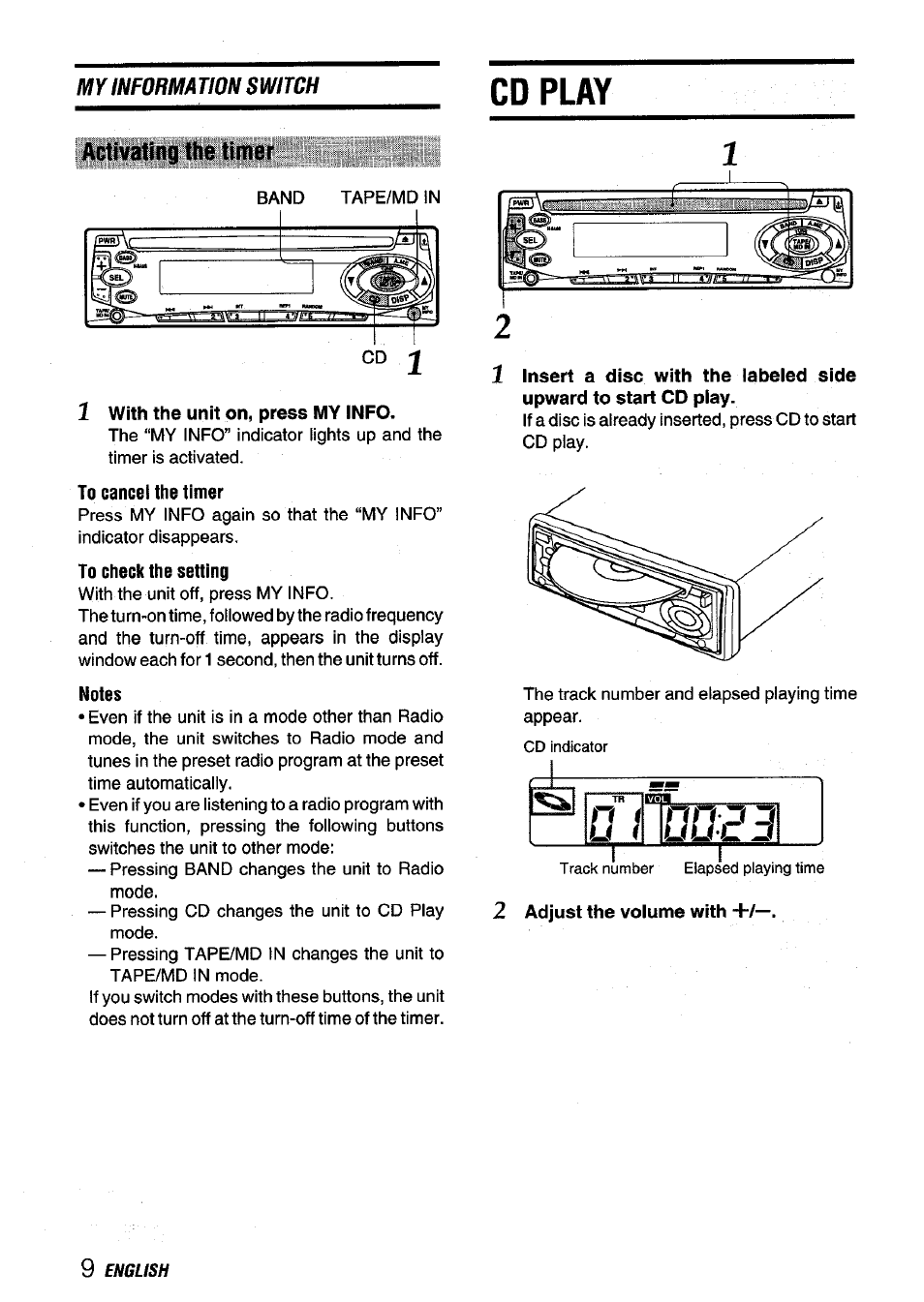 Activating the timer, L^2u n i u, Cd play | 1nn j d uu c j | Aiwa CDC-X136 User Manual | Page 10 / 44