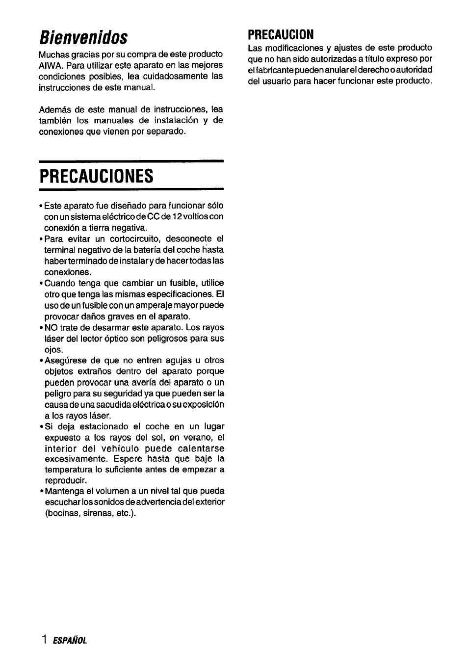 Precaucion, Precauciones, Bienvenidos | Aiwa CDC-X136 User Manual | Page 16 / 44