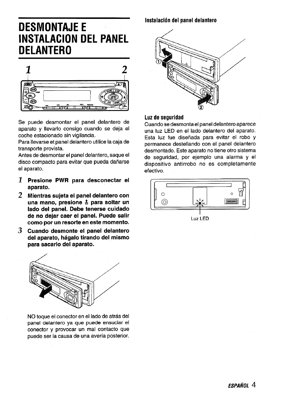 1 presione pwr para desconectar el aparato, Desmontaje e instalacion del panel delantero | Aiwa CDC-X136 User Manual | Page 19 / 44