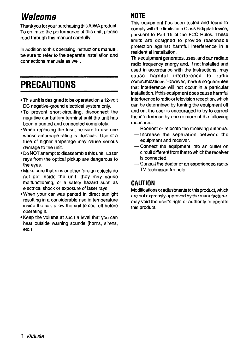 Precautions, Note, Caution | Welcome | Aiwa CDC-X136 User Manual | Page 2 / 44