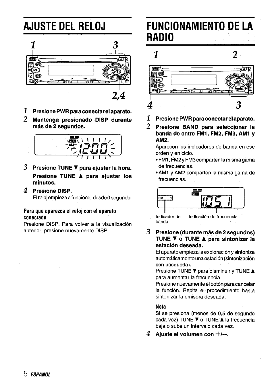 Funcionamiento de la radio, Nota, Ajuste del reloj funcionamiento de la radio 2,4 | Aiwa CDC-X136 User Manual | Page 20 / 44