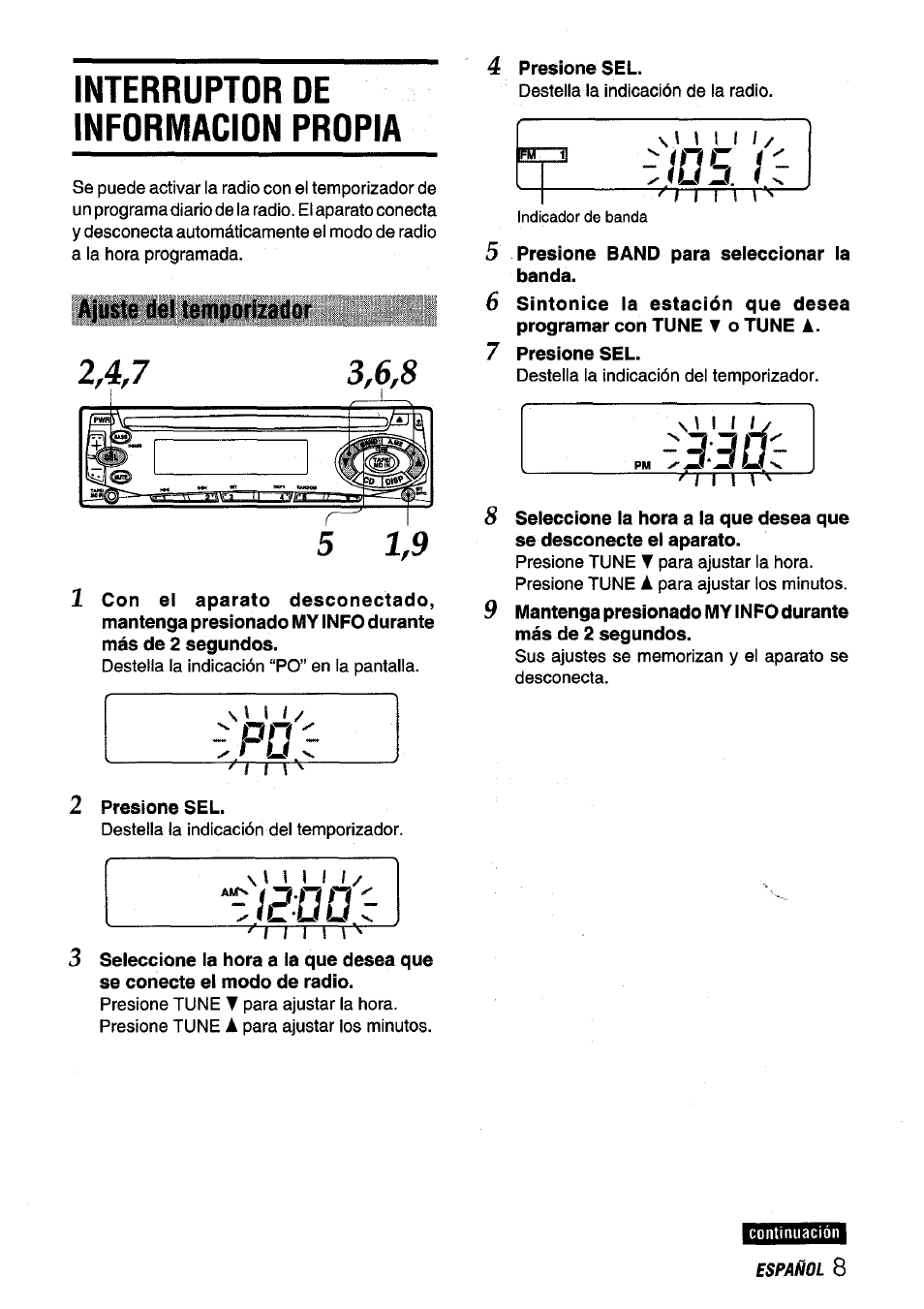 Interruptor de informacion propia, Ajuste del temporizador, 2 presione sel | Presione sel, 5 presione band para seleccionar la banda, 7 presione sel, Zlsod | Aiwa CDC-X136 User Manual | Page 23 / 44