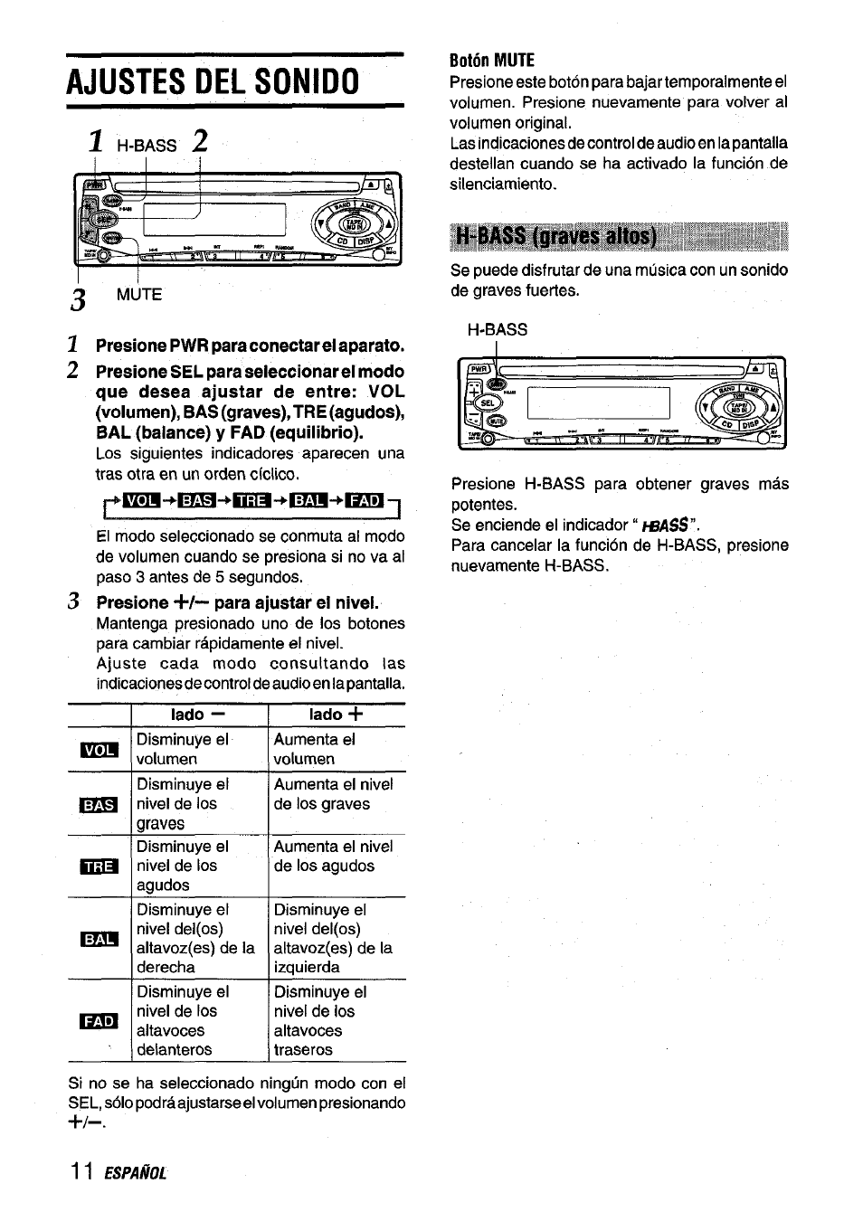 Ajustes del sonido, 1 presione pwr para conectar el aparato, 3 presione +/— para ajustar el nivel | Botón mute, H-bass (graves altos) | Aiwa CDC-X136 User Manual | Page 26 / 44