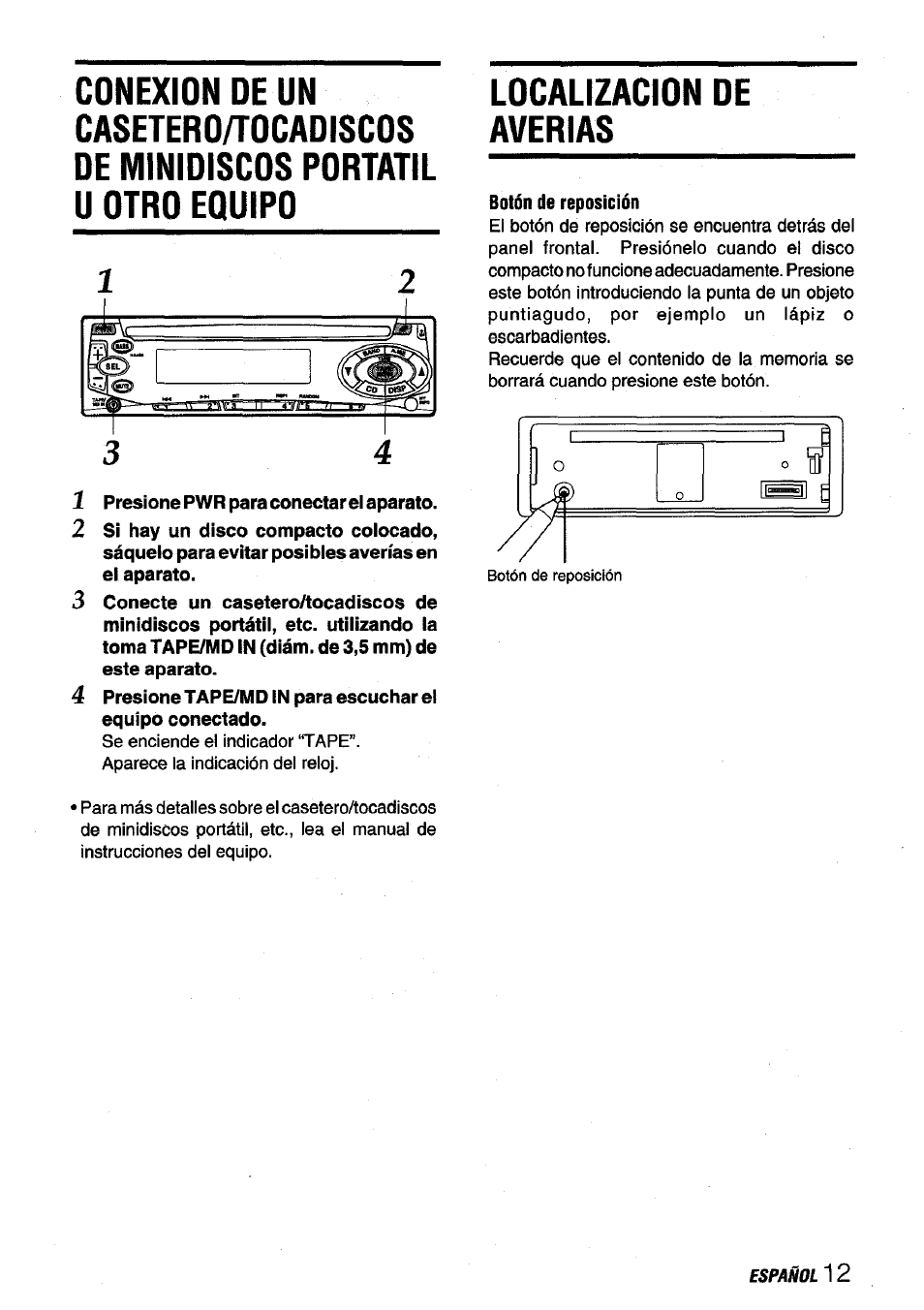 1 presione pwr para conectar el aparato, Localizacion de averias | Aiwa CDC-X136 User Manual | Page 27 / 44