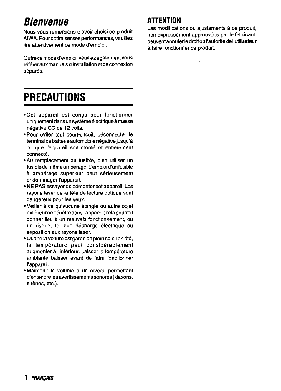 Precautions, Bienvenue, Ahention | Aiwa CDC-X136 User Manual | Page 30 / 44