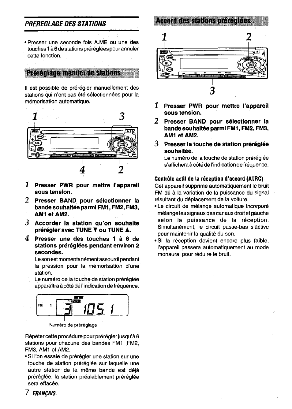 Préréglage manuel de stations, Presser pwr pour mettre l’appareil sous tension, Accord des stations préréglées | 1 presser pwr pour mettre l’appareil sous tension, 3 presser la touche de station préréglée souhaitée, Contrôle actif de la réception d’accord (atrc) | Aiwa CDC-X136 User Manual | Page 36 / 44
