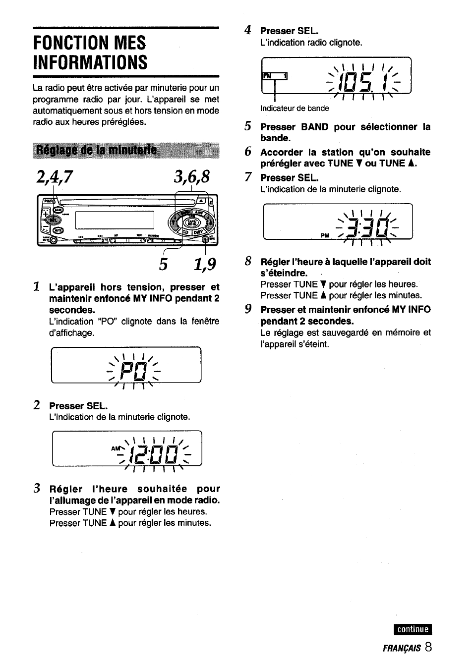 Fonction mes informations, Réglage de la minuterie, 2 presser sel | 4 presser sel, Presser band pour sélectionner ta bande | Aiwa CDC-X136 User Manual | Page 37 / 44