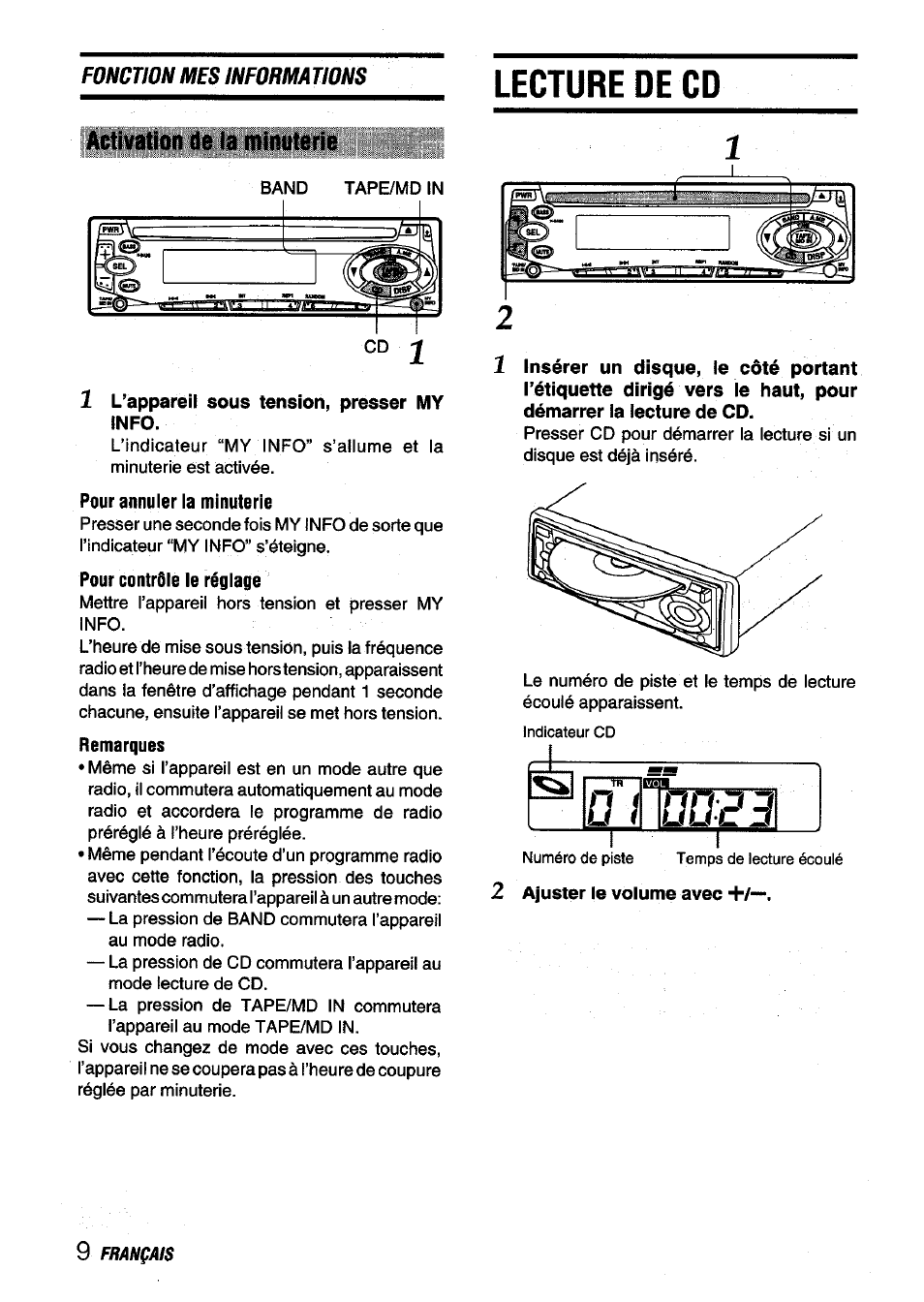 Activation de ia minuterie, Lecture de cd | Aiwa CDC-X136 User Manual | Page 38 / 44