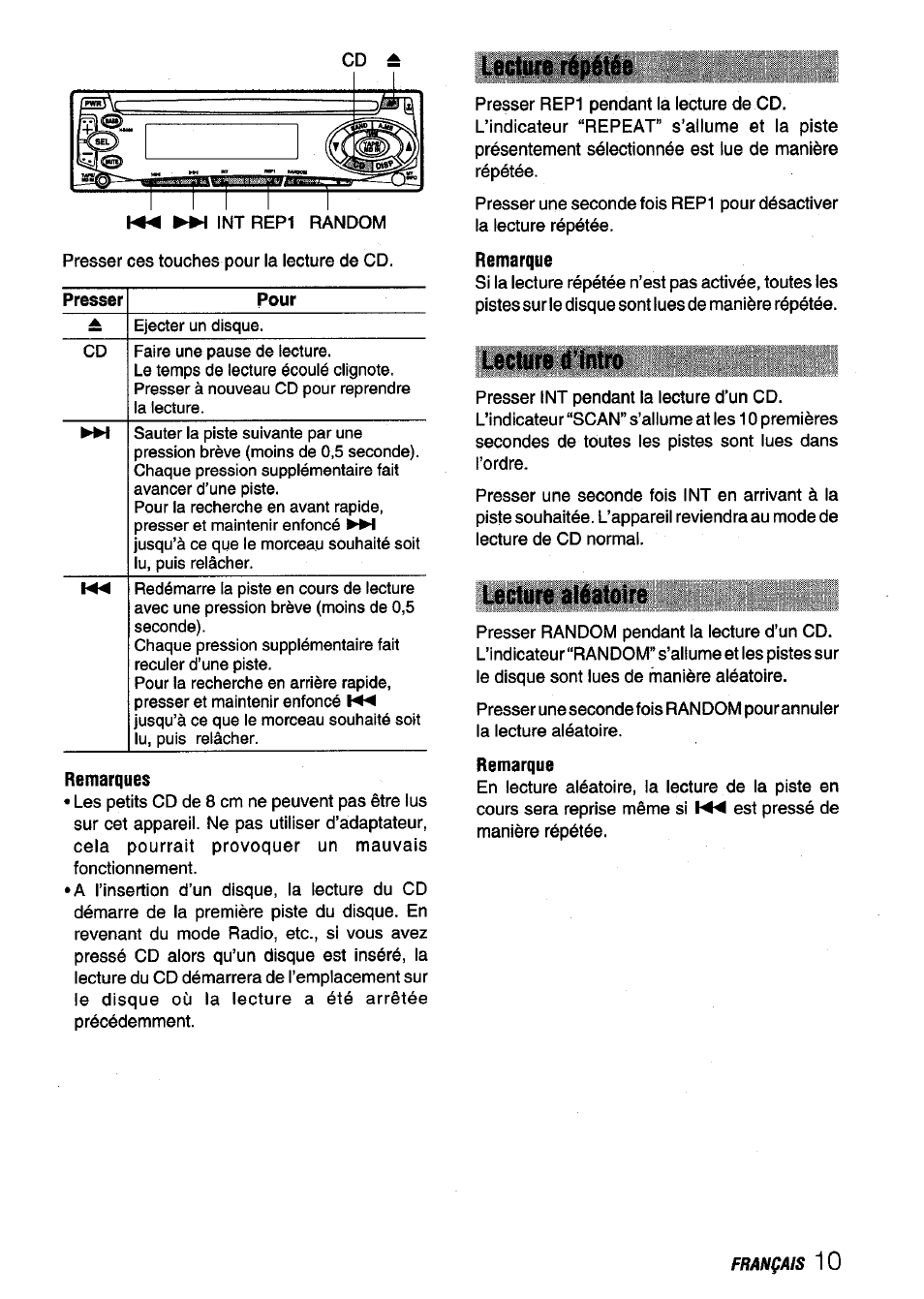 Lecture répétée, Lecture d’intro, Lecture aléatoire | Aiwa CDC-X136 User Manual | Page 39 / 44