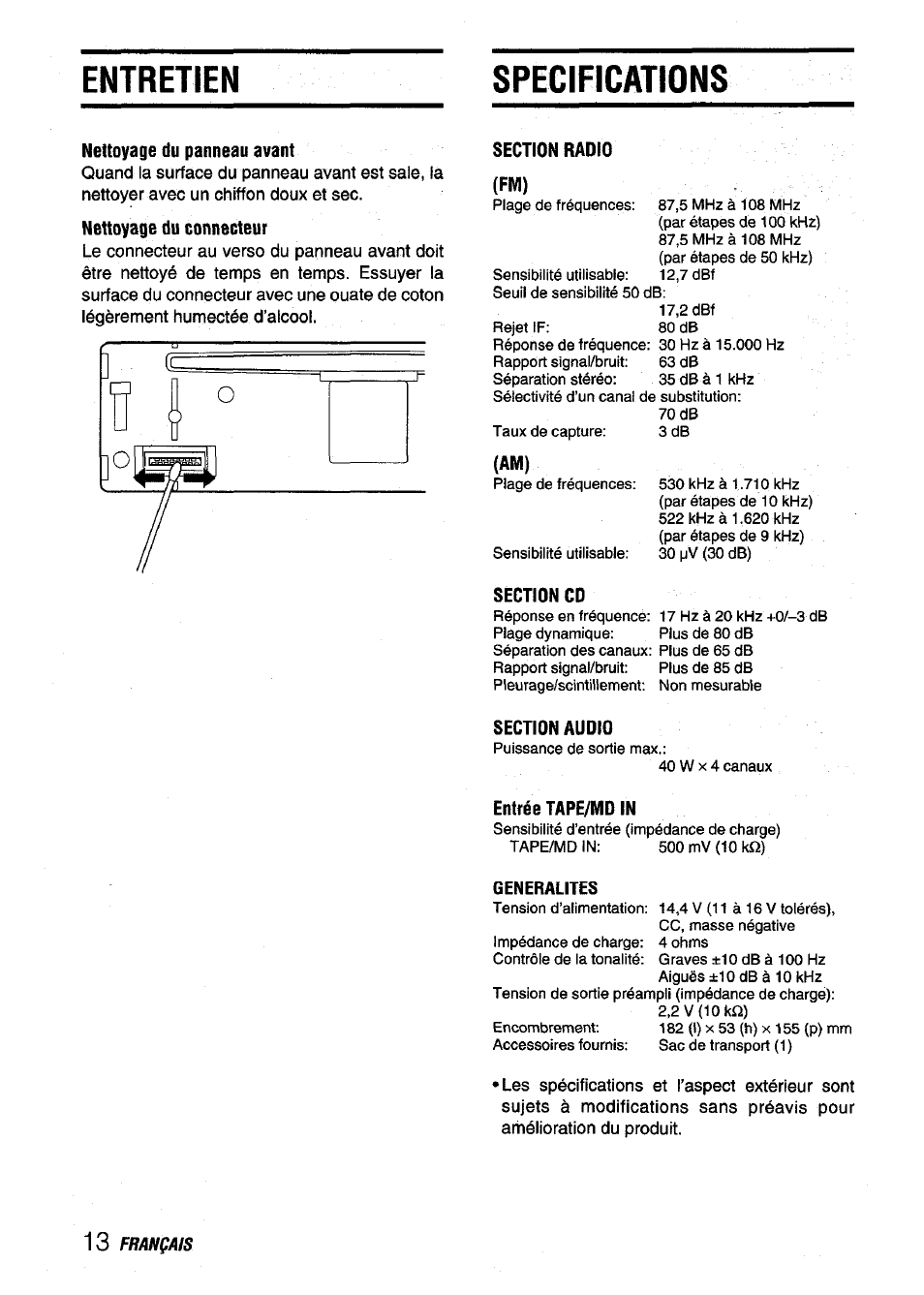 Specifications, Nettoyage du panneau avant, Section radio | Section cd, Section audio, Entrée tape/md in, Entretien specifications, Nettoyage du connecteur | Aiwa CDC-X136 User Manual | Page 42 / 44