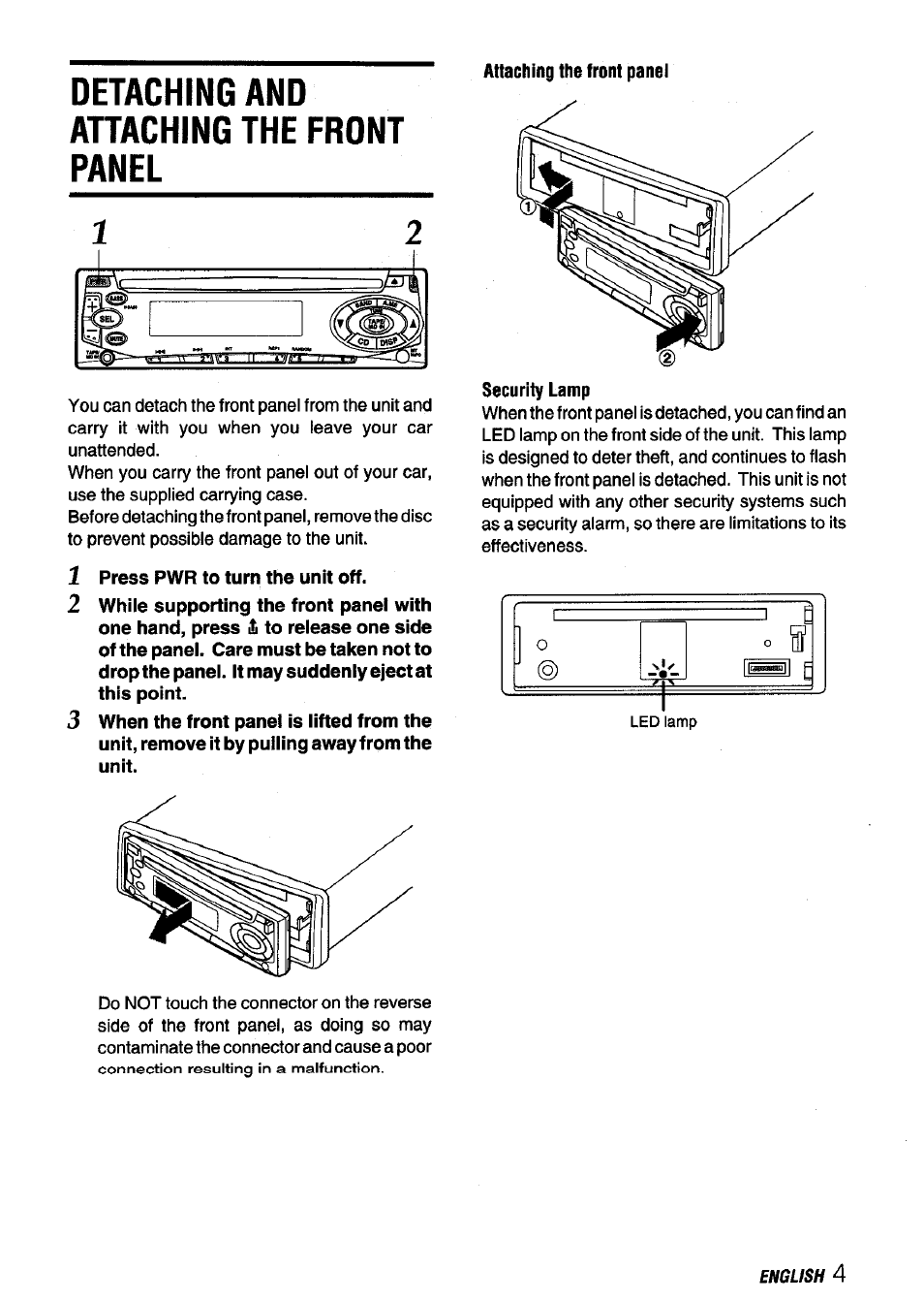 Detaching and attaching the frdnt panel, 1 press pwr to turn the unit off, Detaching and attaching the front panel | Aiwa CDC-X136 User Manual | Page 5 / 44