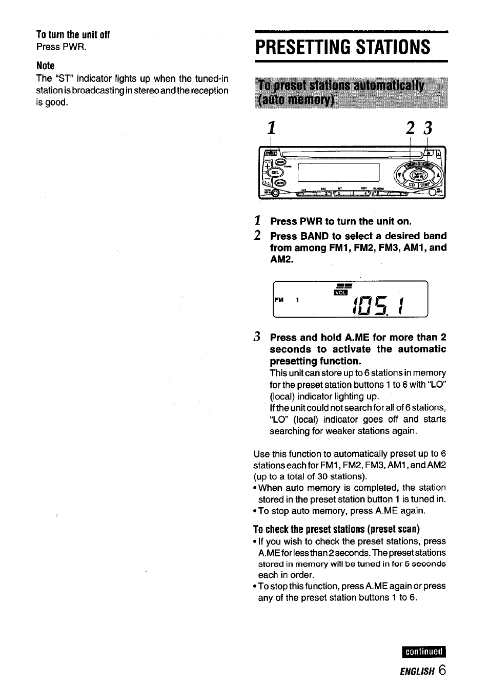 Presetting stations, To preset stations automatically (auto memory), 1 press pwr to turn the unit on | Fm 1 reni m e 1 iuzi. i 3 | Aiwa CDC-X136 User Manual | Page 7 / 44
