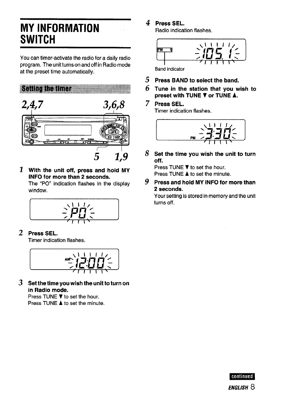 My information switch, Setting the timer, Jo 5. r | Aiwa CDC-X136 User Manual | Page 9 / 44