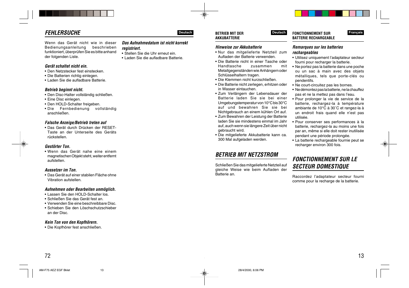 Fonctionnement sur le secteur domestique, Betrieb mit netzstrom, Fehlersuche | Aiwa AM-C75 User Manual | Page 13 / 42