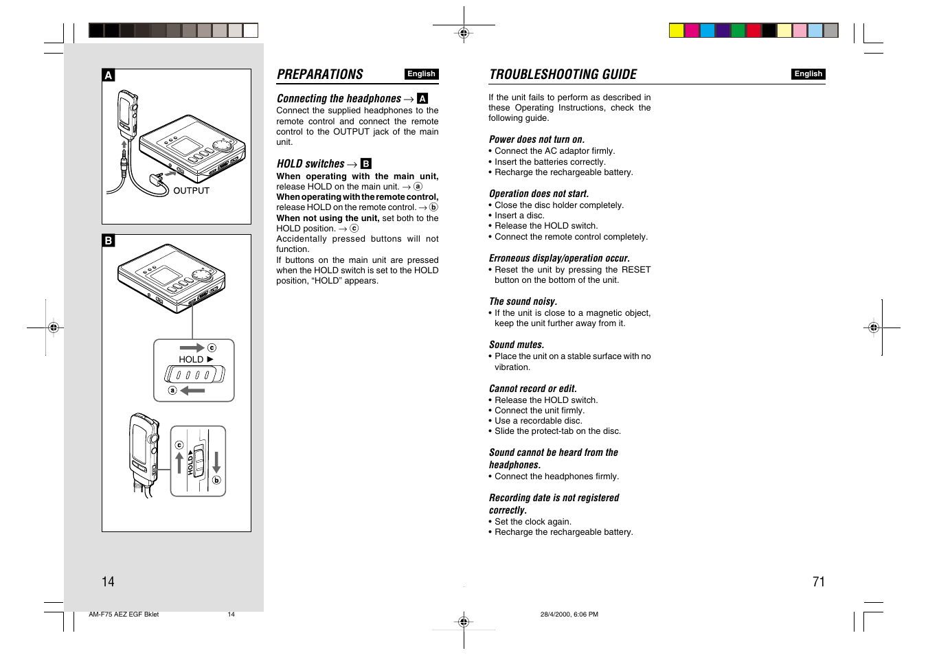 Ab preparations, 71 troubleshooting guide | Aiwa AM-C75 User Manual | Page 14 / 42