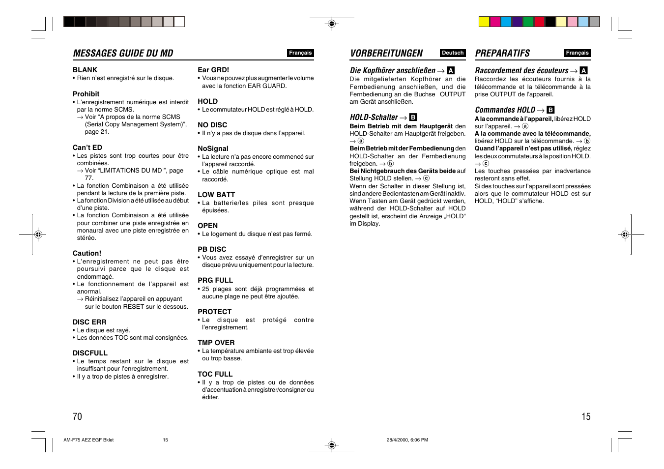 Preparatifs, Vorbereitungen, 70 messages guide du md | Aiwa AM-C75 User Manual | Page 15 / 42
