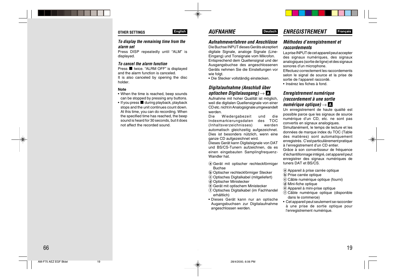 Enregistrement, Aufnahme | Aiwa AM-C75 User Manual | Page 19 / 42