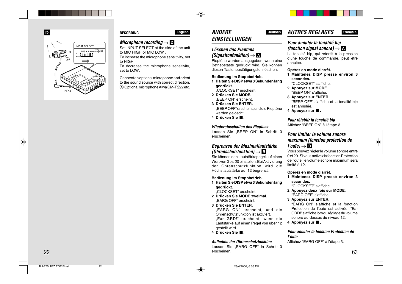 Autres reglages, Andere einstellungen | Aiwa AM-C75 User Manual | Page 22 / 42