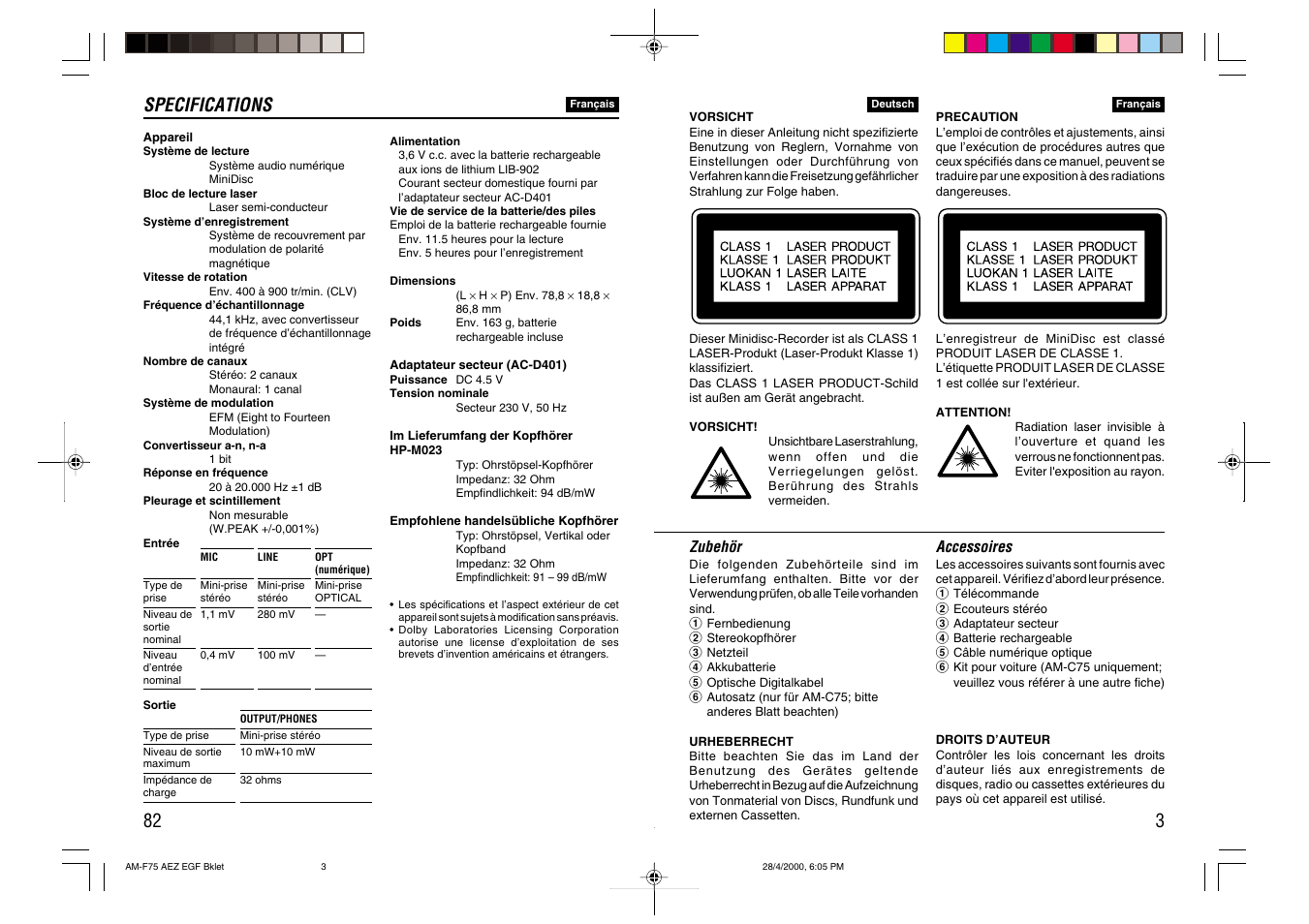 82 specifications | Aiwa AM-C75 User Manual | Page 3 / 42