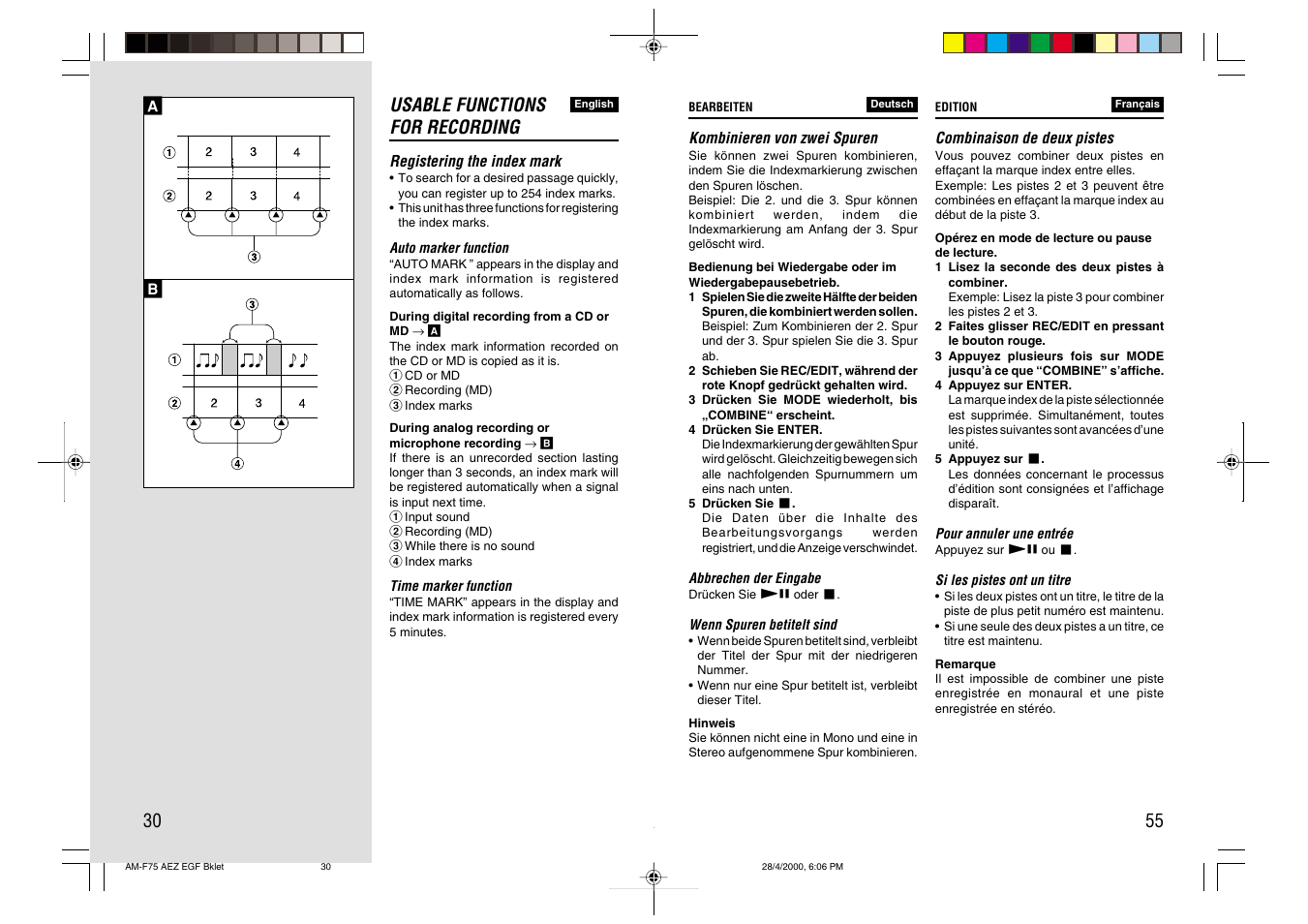 Usable functions for recording, Ab 55 | Aiwa AM-C75 User Manual | Page 30 / 42
