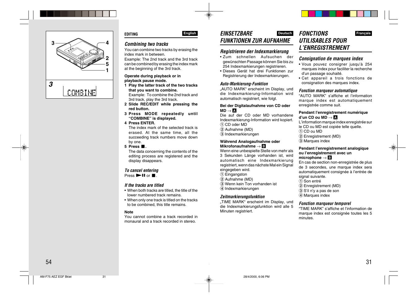 Fonctions utilisables pour l’enregistrement, Einsetzbare funktionen zur aufnahme | Aiwa AM-C75 User Manual | Page 31 / 42