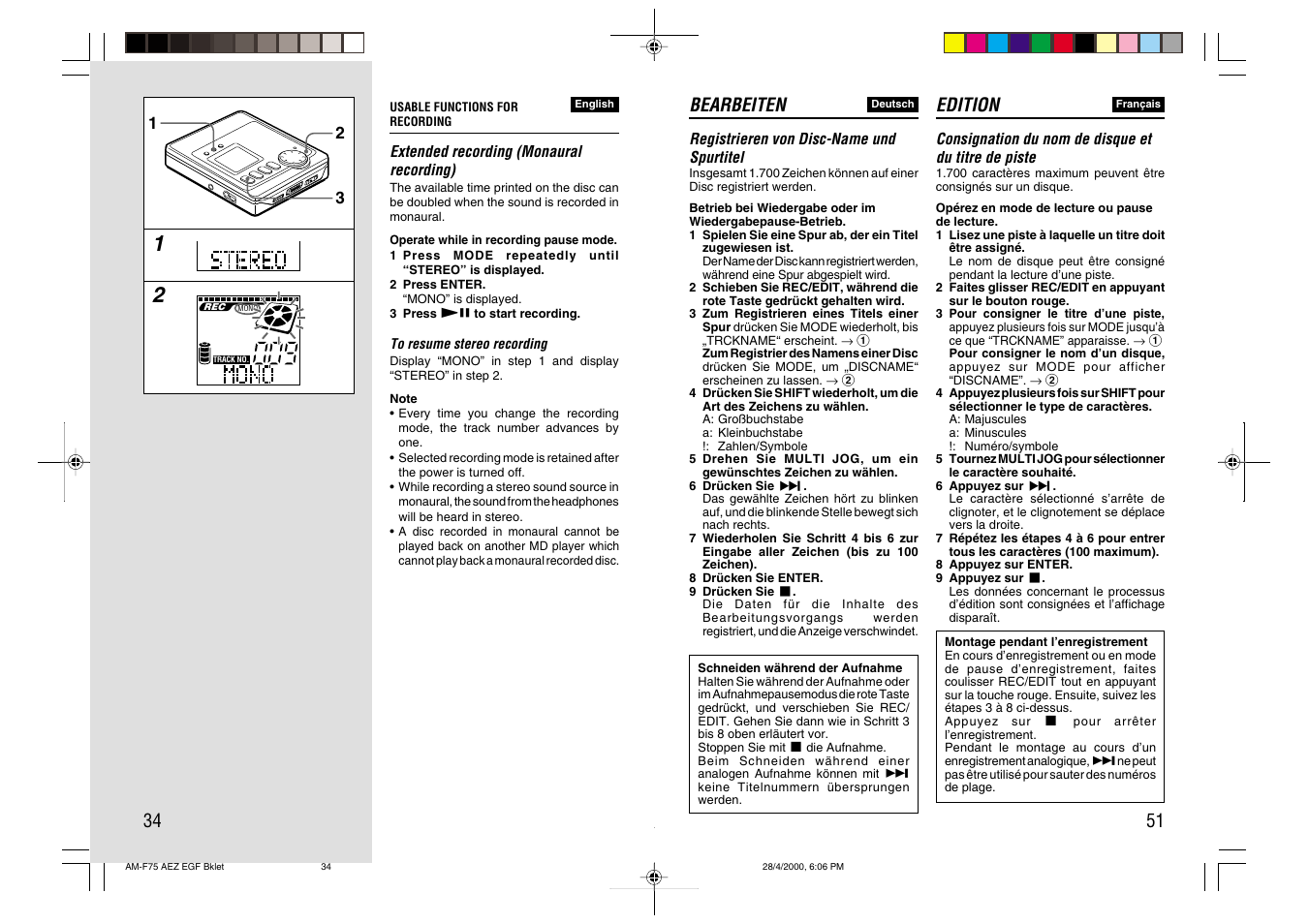 Edition, Bearbeiten | Aiwa AM-C75 User Manual | Page 34 / 42