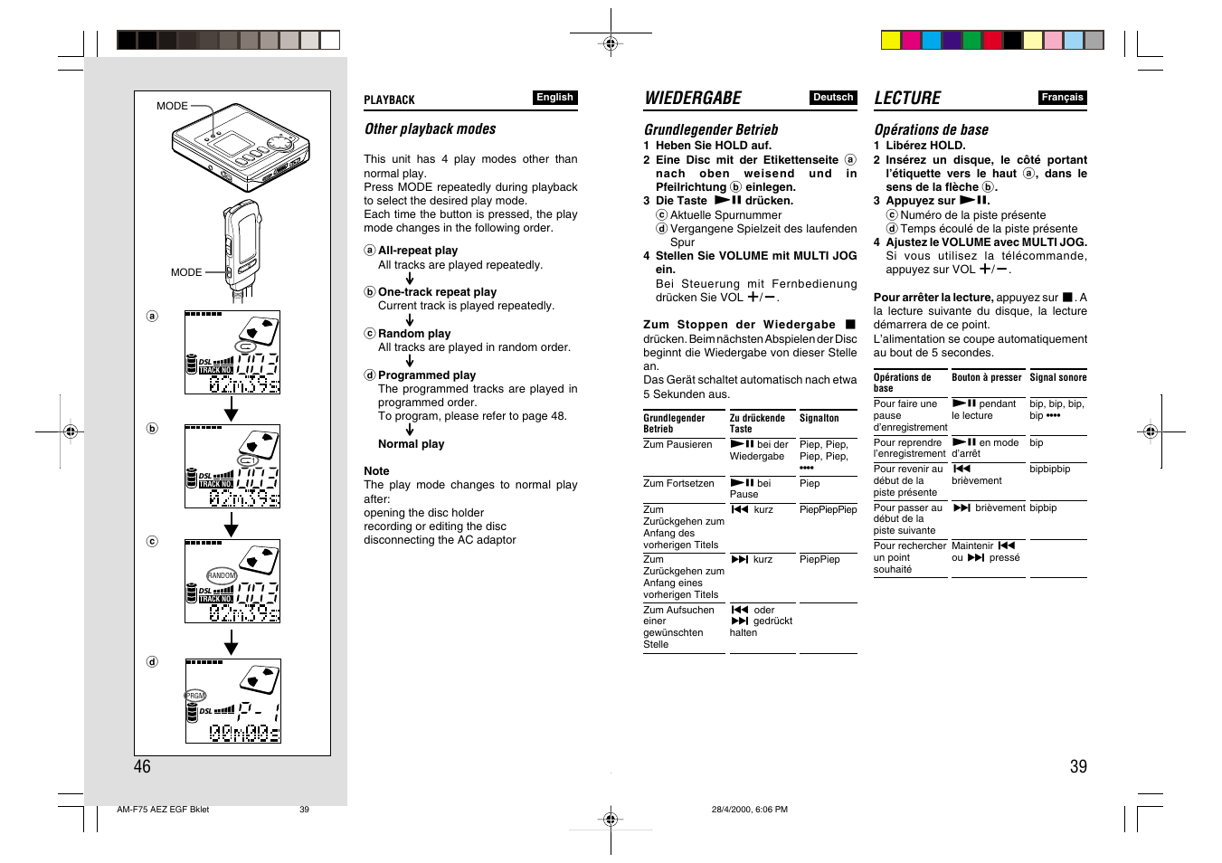 39 lecture, Wiedergabe | Aiwa AM-C75 User Manual | Page 39 / 42