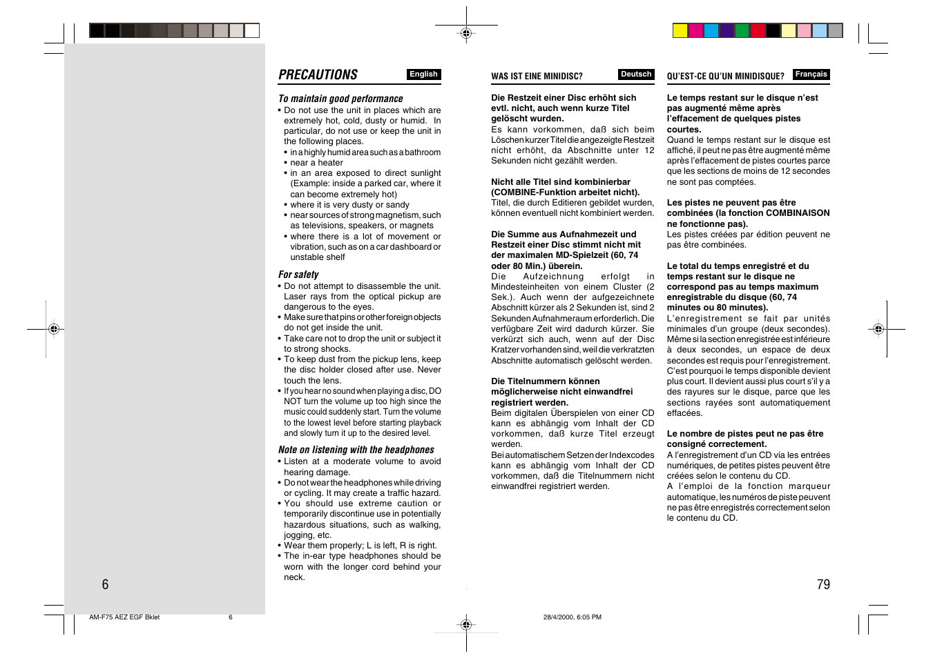 Precautions | Aiwa AM-C75 User Manual | Page 6 / 42