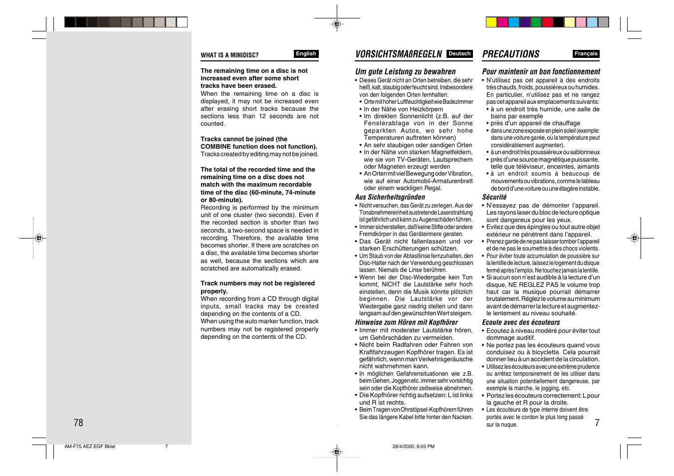 Precautions, Vorsichtsmaßregeln | Aiwa AM-C75 User Manual | Page 7 / 42