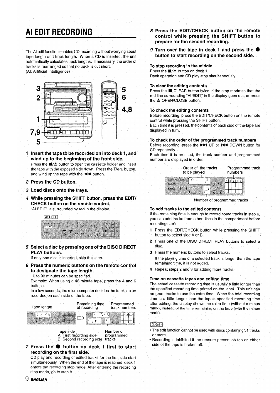 Al edit recording, To stop recording in the middle, To clear the editing contents | To check the editing contents, To check the order of the programmed track numbers, To add tracks to the edited contents, Time on cassette tapes and editing time, Ipijibiiil, L a i edit i | Aiwa NSX-A10 User Manual | Page 10 / 44