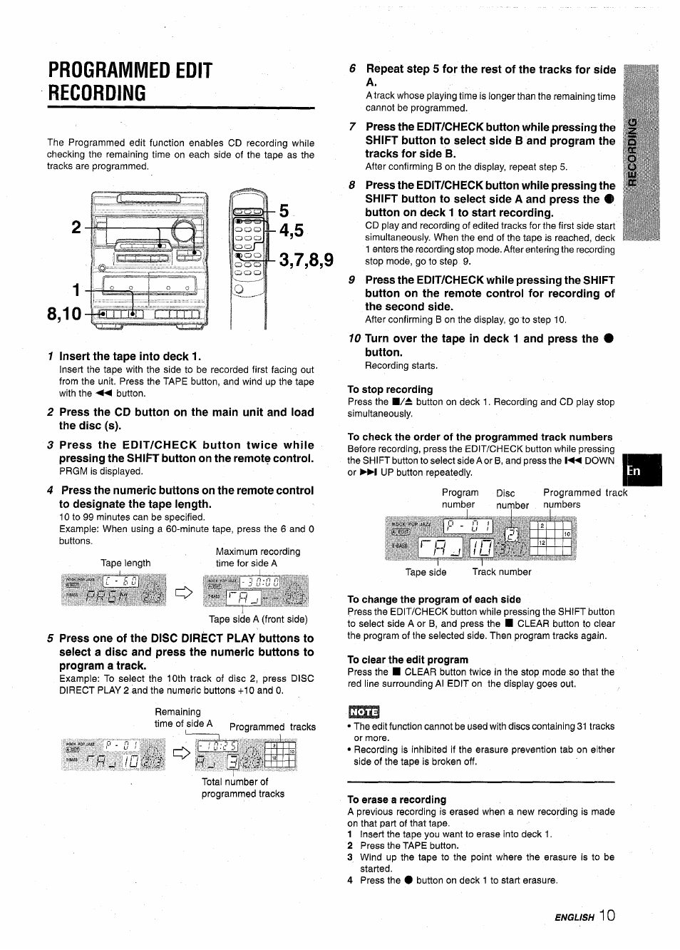 Programmed edit recording, To stop recording, To check the order of the programmed track numbers | To change the program of each side, To clear the edit program, To erase a recording | Aiwa NSX-A10 User Manual | Page 11 / 44