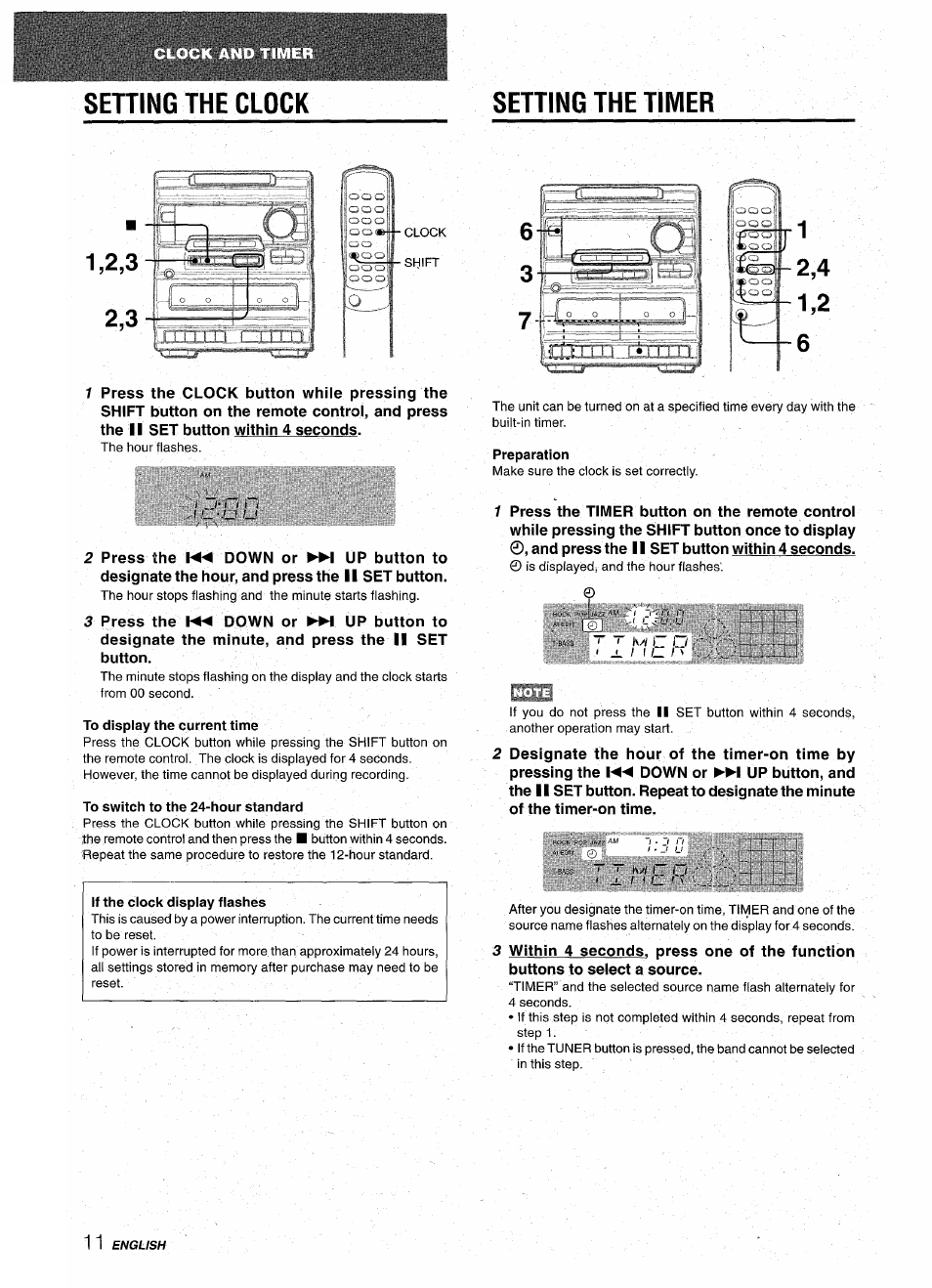 Setting the clock, Setting the timer, Preparation | To display the current time, To switch to the 24-hour standard, Setting the clock setting the timer | Aiwa NSX-A10 User Manual | Page 12 / 44