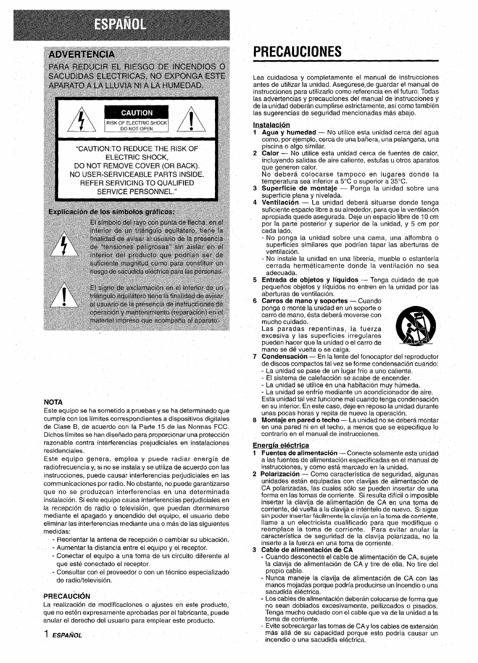 Advertencia, Precauciones, Explicncion cl.? lo.? símbolos grnficos | Nota, Precaución, Instalación, 3 cable de alimentación de ca | Aiwa NSX-A10 User Manual | Page 16 / 44