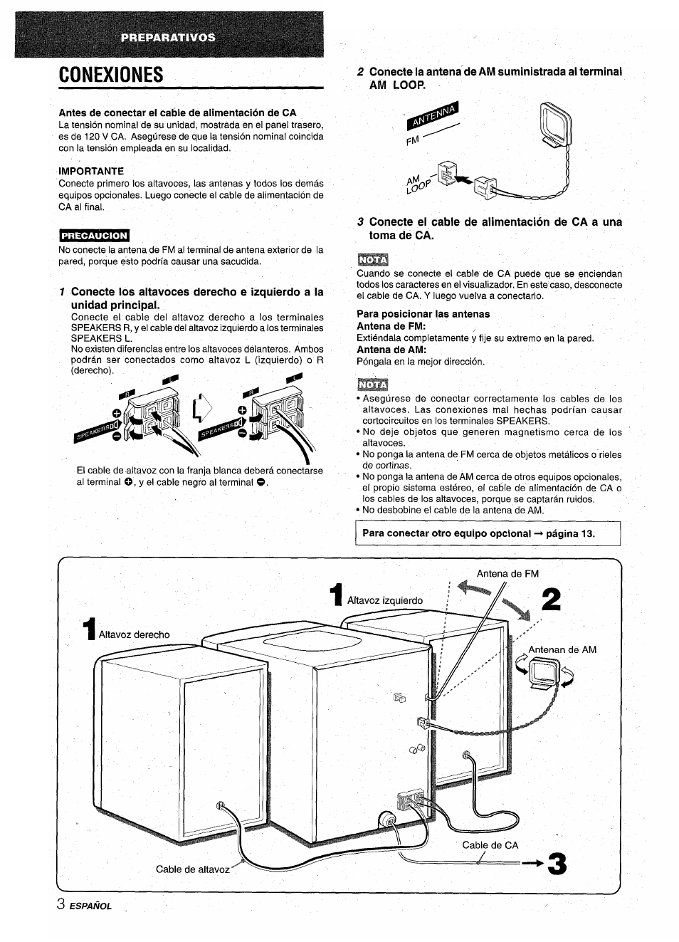 Antes de conectar el cable de alimentación de ca, Importante, Conexiones | Aiwa NSX-A10 User Manual | Page 18 / 44