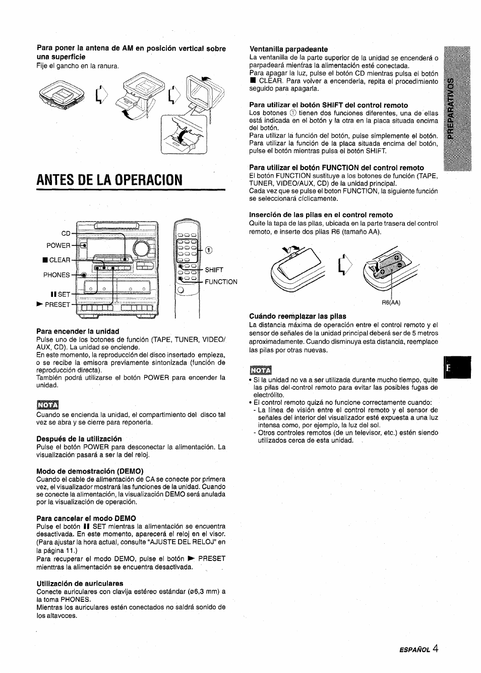 Antes de la operacion, Ventanilla parpadeante, Para utilizar ei botón shift dei controi remoto | Para utilizar el botón function del control remoto, Para encender la unidad, Después de la utilización, Inserción de las pilas en el control remoto, Cuándo reenípl^zar las pilas, Modo de demostración (demo), Para cancelar el modo demo | Aiwa NSX-A10 User Manual | Page 19 / 44