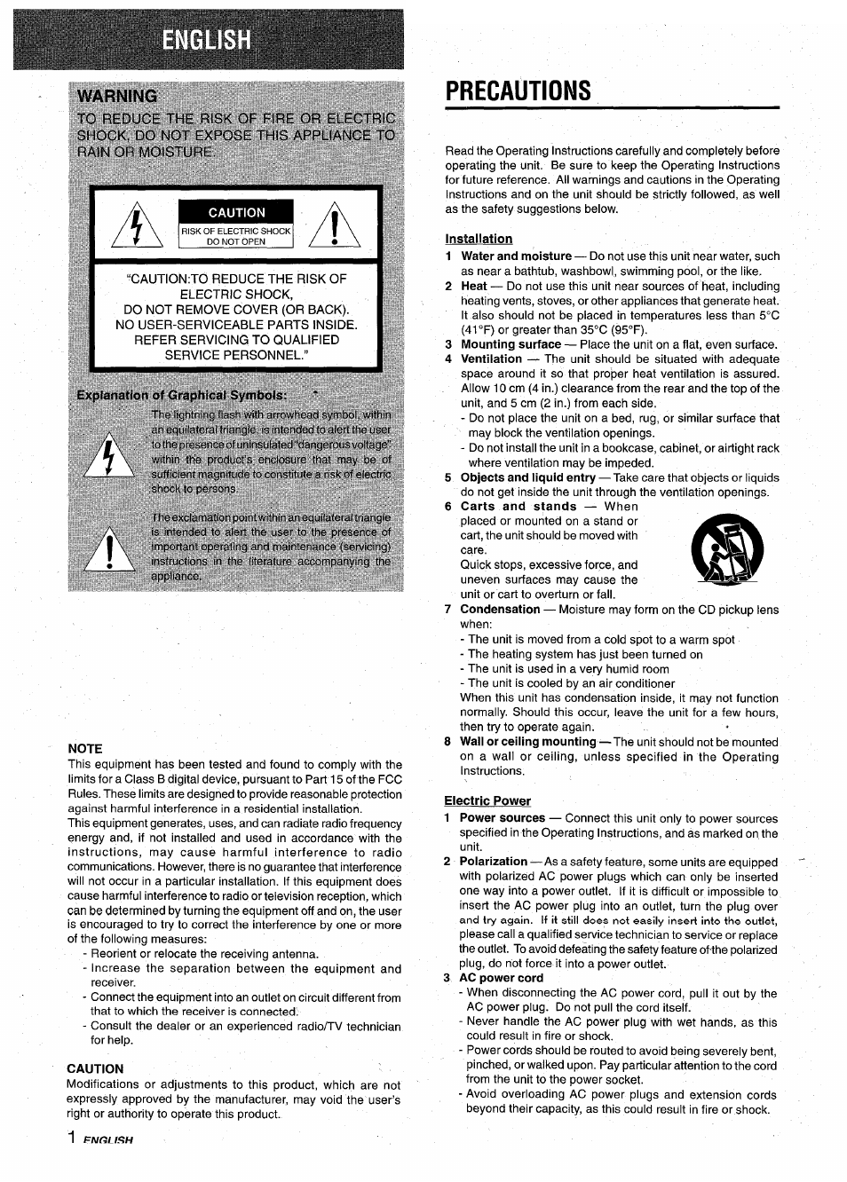 Warning, Precautions, Explanntion of graphical symbols | Note, Caution, Installation, Electric power, 3 ac power cord | Aiwa NSX-A10 User Manual | Page 2 / 44
