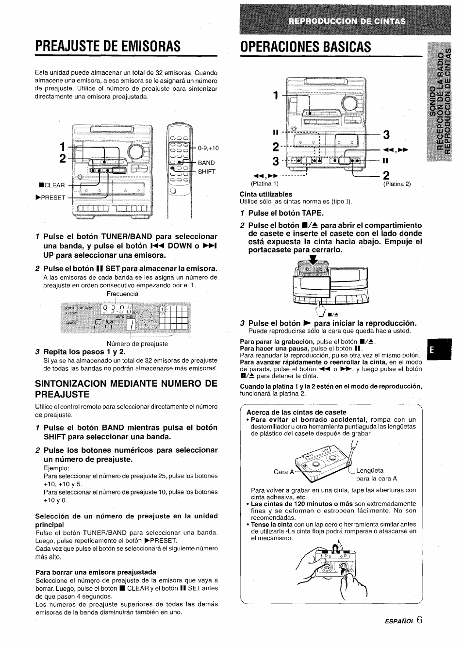 Preajuste de emisoras, Operaciones basicas, Sintonizacion mediante numero de preajuste | Para borrar una emisora preajustada, Cinta utilizables | Aiwa NSX-A10 User Manual | Page 21 / 44
